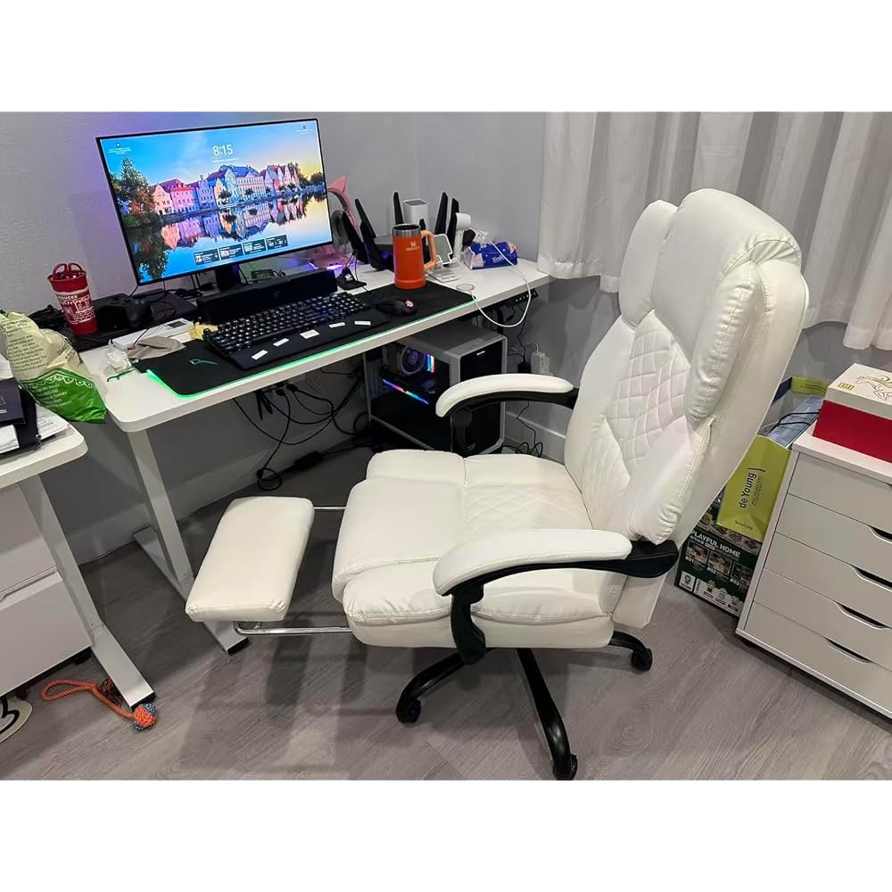 HOMREST 6-Point Massage Executive Chair,Heat Office Chair, Reclining Comfy Office Chair with Adjustable Footrest and Armrests,PU Leather Big and Tall Home Office Desk Chair(White)