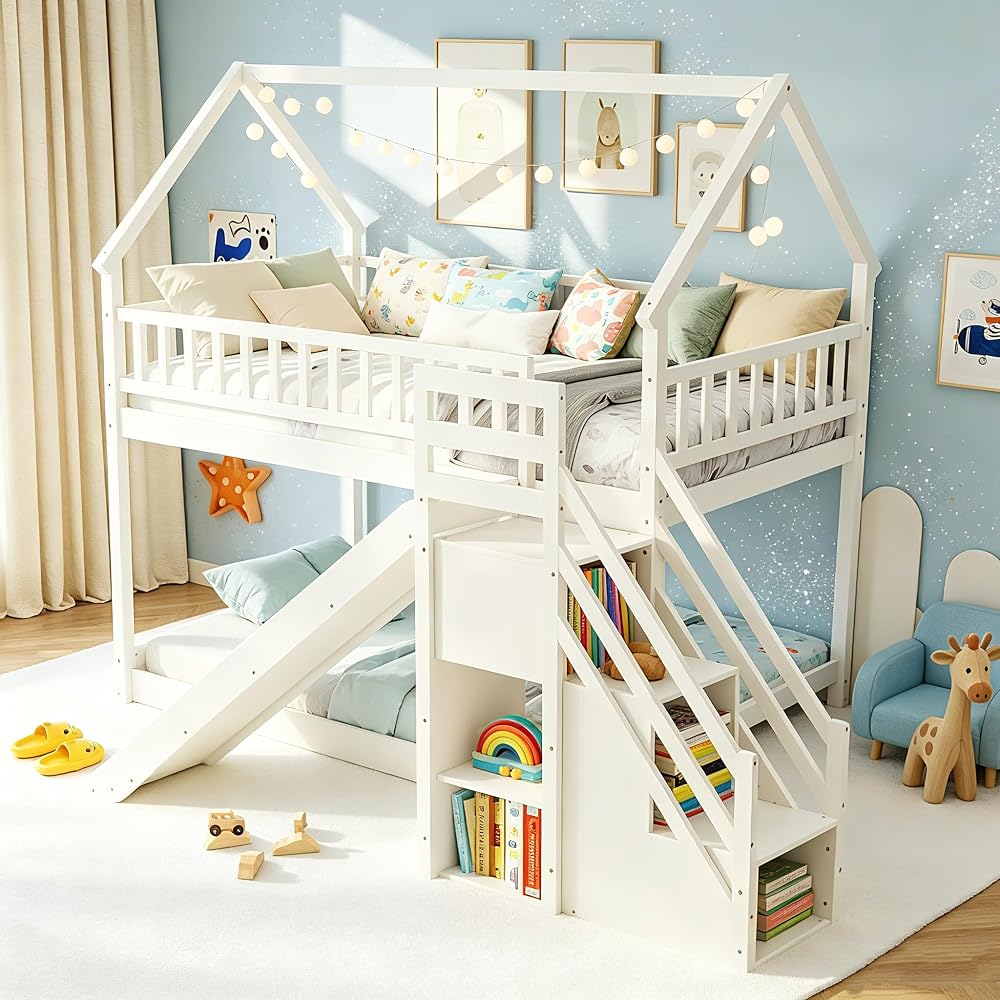 GIANTEX House Bunk Bed Twin Over Twin with Slide & Stairs, Wood Bunk Bed with Storage Shelves, No Box Spring Needed, Twin Floor Bed for Kids Teens Boys Girls (White)
