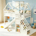 GIANTEX House Bunk Bed Twin Over Twin with Slide & Stairs, Wood Bunk Bed with Storage Shelves, No Box Spring Needed, Twin Floor Bed for Kids Teens Boys Girls (White)