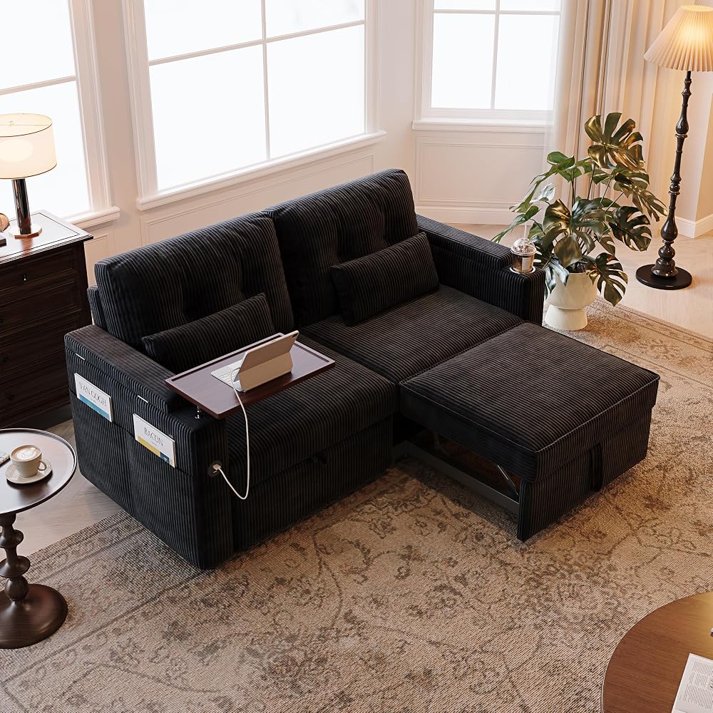 73" Sleeper Sofa Bed Full Size, Corduroy Convertible Pull Out Couch, Black